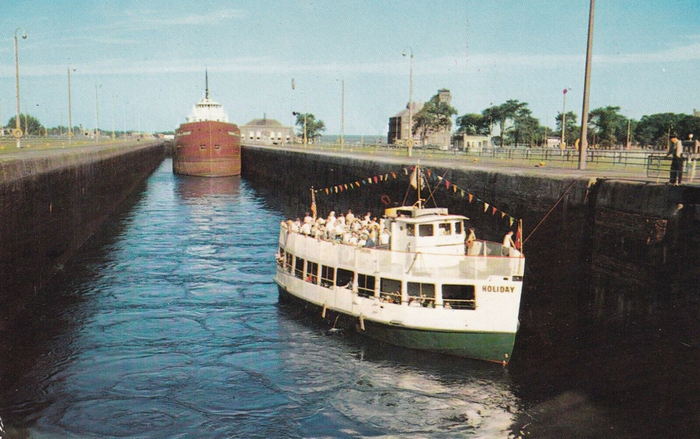 Soo Locks Boat Tours - Old Postcard (newer photo)